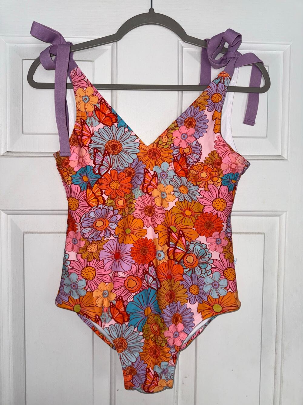 Posh Peanut Floral Orange One Piece Swimsuit - Tie Shoulder - Size small - SW6